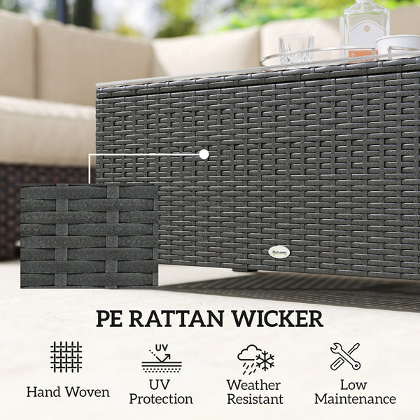 Rattan Coffee Table, Patio Side Table, Hand-woven Wicker Furniture with Tempered Glass Top Outdoor Garden Patio, Dark Grey