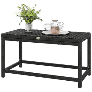 Outdoor Coffee Table, Garden PE Rattan Side Table with Plastic Board Under the Full Woven Table Top and Rectangular Frame for Patio, Balcony, Black