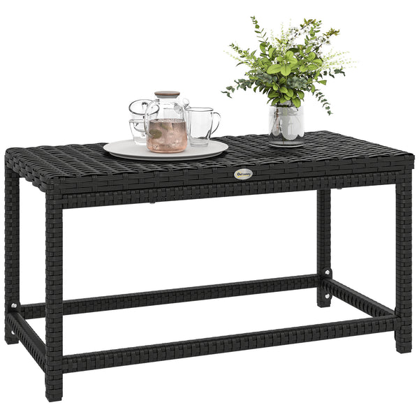 Outdoor Coffee Table, Garden PE Rattan Side Table with Plastic Board Under the Full Woven Table Top and Rectangular Frame for Patio, Balcony, Black