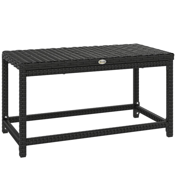 Outdoor Coffee Table, Garden PE Rattan Side Table with Plastic Board Under the Full Woven Table Top and Rectangular Frame for Patio, Balcony, Black