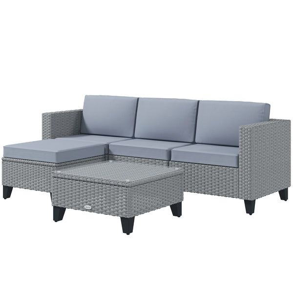5 Pieces PE Rattan Garden Furniture Set, 4 Seater Garden Corner Sofa Set with Glass Coffee Table, Wicker Outdoor Furniture Set with Cushions for Patio Deck, Grey