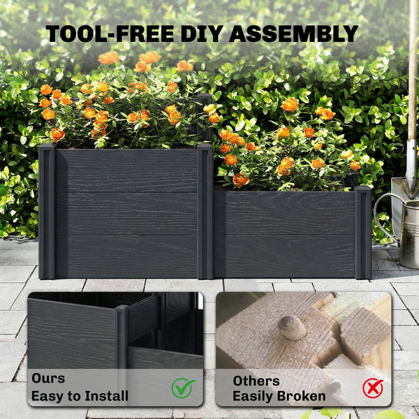 Vinyl Raised Garden Bed Kit, 3-Tier Elevated Garden Box with Open Bottom, Outdoor Raised Planter Box for Flowers, Herbs, Vegetables, DIY Assembly, Grey Wood Effect