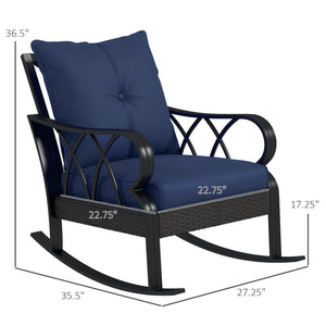 Outsunny Outdoor Wicker Rocking Chair with Padded Cushions, Aluminum Furniture Rattan Porch Rocker Chair w/ Armrest for Garden, Patio, and Backyard, Navy Blue