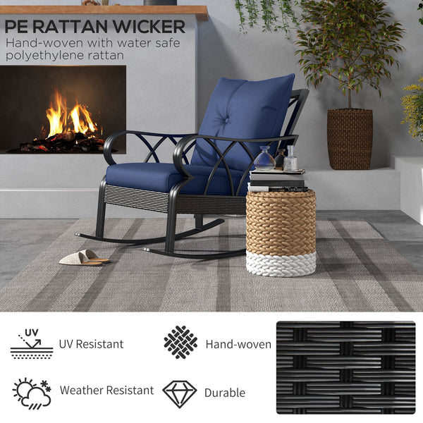 Outsunny Outdoor Wicker Rocking Chair with Padded Cushions, Aluminum Furniture Rattan Porch Rocker Chair w/ Armrest for Garden, Patio, and Backyard, Navy Blue