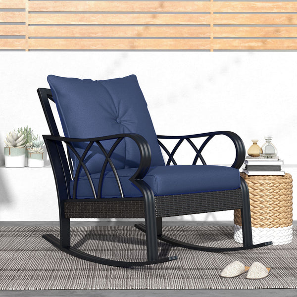 Outsunny Outdoor Wicker Rocking Chair with Padded Cushions, Aluminum Furniture Rattan Porch Rocker Chair w/ Armrest for Garden, Patio, and Backyard, Navy Blue