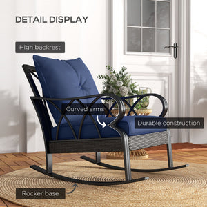 Outsunny Outdoor Wicker Rocking Chair with Padded Cushions, Aluminum Furniture Rattan Porch Rocker Chair w/ Armrest for Garden, Patio, and Backyard, Navy Blue