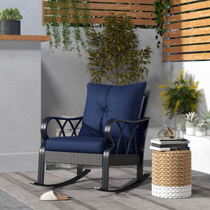 Outsunny Outdoor Wicker Rocking Chair with Padded Cushions, Aluminum Furniture Rattan Porch Rocker Chair w/ Armrest for Garden, Patio, and Backyard, Navy Blue