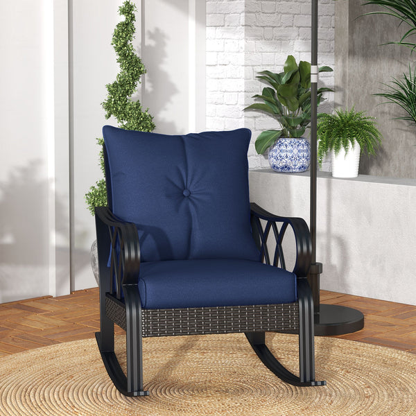 Outsunny Outdoor Wicker Rocking Chair with Padded Cushions, Aluminum Furniture Rattan Porch Rocker Chair w/ Armrest for Garden, Patio, and Backyard, Navy Blue