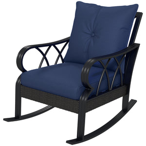 Outsunny Outdoor Wicker Rocking Chair with Padded Cushions, Aluminum Furniture Rattan Porch Rocker Chair w/ Armrest for Garden, Patio, and Backyard, Navy Blue