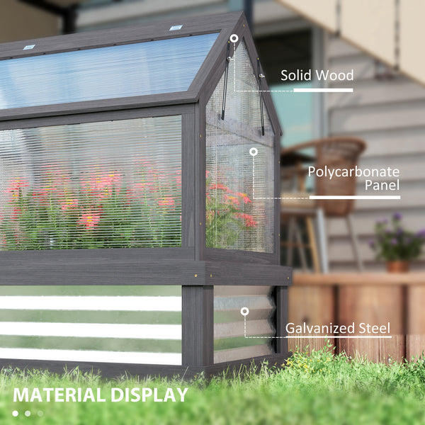 Raised Garden Bed with Polycarbonate Greenhouse, Wooden Cold Frame Greenhouse, Garden Flower Planter Protection, Peak Roof, 35.5" x 22.5" x 38.25", Gray
