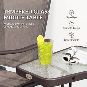 Double Patio Glider Chair with Glass Top Center Table, Outdoor Glider Loveseat with High Back,  All Weather Breathable Mesh Fabric for Garden, Backyard, Deck, Brown