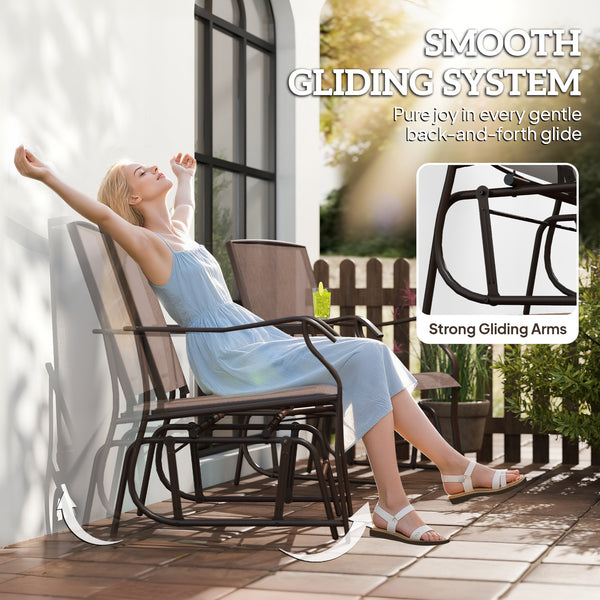 Double Patio Glider Chair with Glass Top Center Table, Outdoor Glider Loveseat with High Back,  All Weather Breathable Mesh Fabric for Garden, Backyard, Deck, Brown