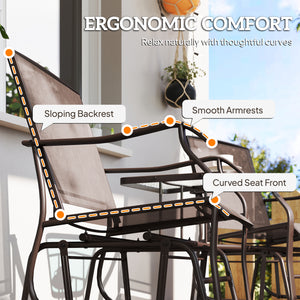 Double Patio Glider Chair with Glass Top Center Table, Outdoor Glider Loveseat with High Back,  All Weather Breathable Mesh Fabric for Garden, Backyard, Deck, Brown