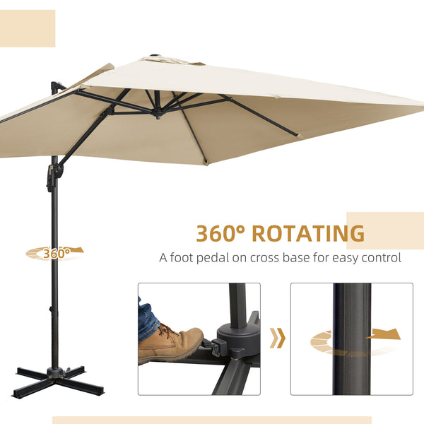 2.7 x 2.7 m Cantilever Parasol, Square Overhanging Umbrella with Cross Base, Crank Handle, Tilt, 360° Rotation and Aluminium Frame, Cream White