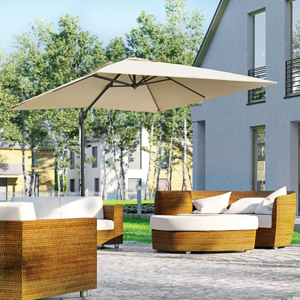 2.7 x 2.7 m Cantilever Parasol, Square Overhanging Umbrella with Cross Base, Crank Handle, Tilt, 360° Rotation and Aluminium Frame, Cream White