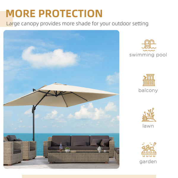 2.7 x 2.7 m Cantilever Parasol, Square Overhanging Umbrella with Cross Base, Crank Handle, Tilt, 360° Rotation and Aluminium Frame, Cream White