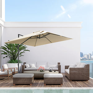 2.7 x 2.7 m Cantilever Parasol, Square Overhanging Umbrella with Cross Base, Crank Handle, Tilt, 360° Rotation and Aluminium Frame, Cream White