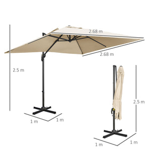 2.7 x 2.7 m Cantilever Parasol, Square Overhanging Umbrella with Cross Base, Crank Handle, Tilt, 360° Rotation and Aluminium Frame, Cream White