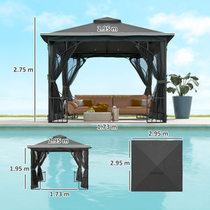 3 x 3m Garden Gazebo Patio Party Tent Shelter Outdoor Canopy Double Tier Sun Shade with Metal Frame and Netting, Dark Grey