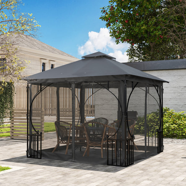 3 x 3m Garden Gazebo Patio Party Tent Shelter Outdoor Canopy Double Tier Sun Shade with Metal Frame and Netting, Dark Grey