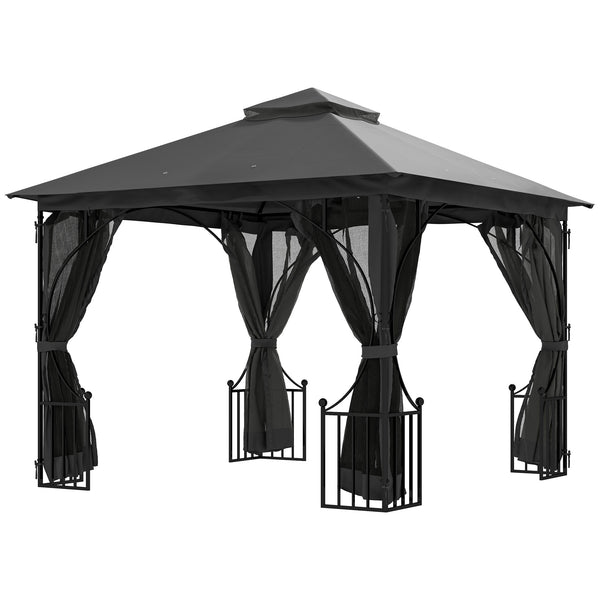3 x 3m Garden Gazebo Patio Party Tent Shelter Outdoor Canopy Double Tier Sun Shade with Metal Frame and Netting, Dark Grey