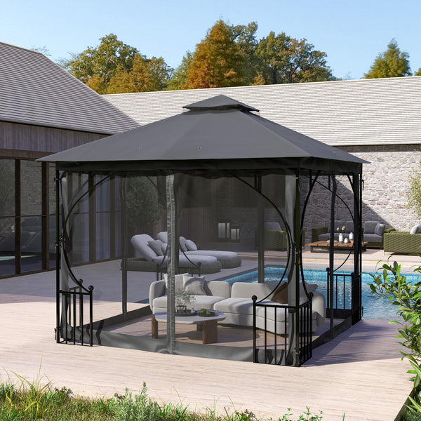 3 x 3m Garden Gazebo Patio Party Tent Shelter Outdoor Canopy Double Tier Sun Shade with Metal Frame and Netting, Dark Grey
