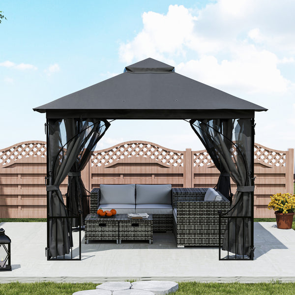 3 x 3m Garden Gazebo Patio Party Tent Shelter Outdoor Canopy Double Tier Sun Shade with Metal Frame and Netting, Dark Grey