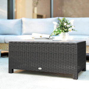Rattan Coffee Table, Patio Side Table, Hand-woven Wicker Furniture with Tempered Glass Top Outdoor Garden Patio, Dark Grey