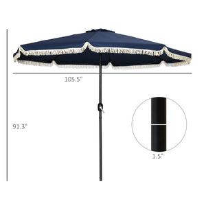 Outsunny 9ft Patio Umbrella with Push Button Tilt and Crank, Ruffled Outdoor Market Table Umbrella with Tassles and 8 Ribs, for Garden, Deck, Pool, Dark Blue