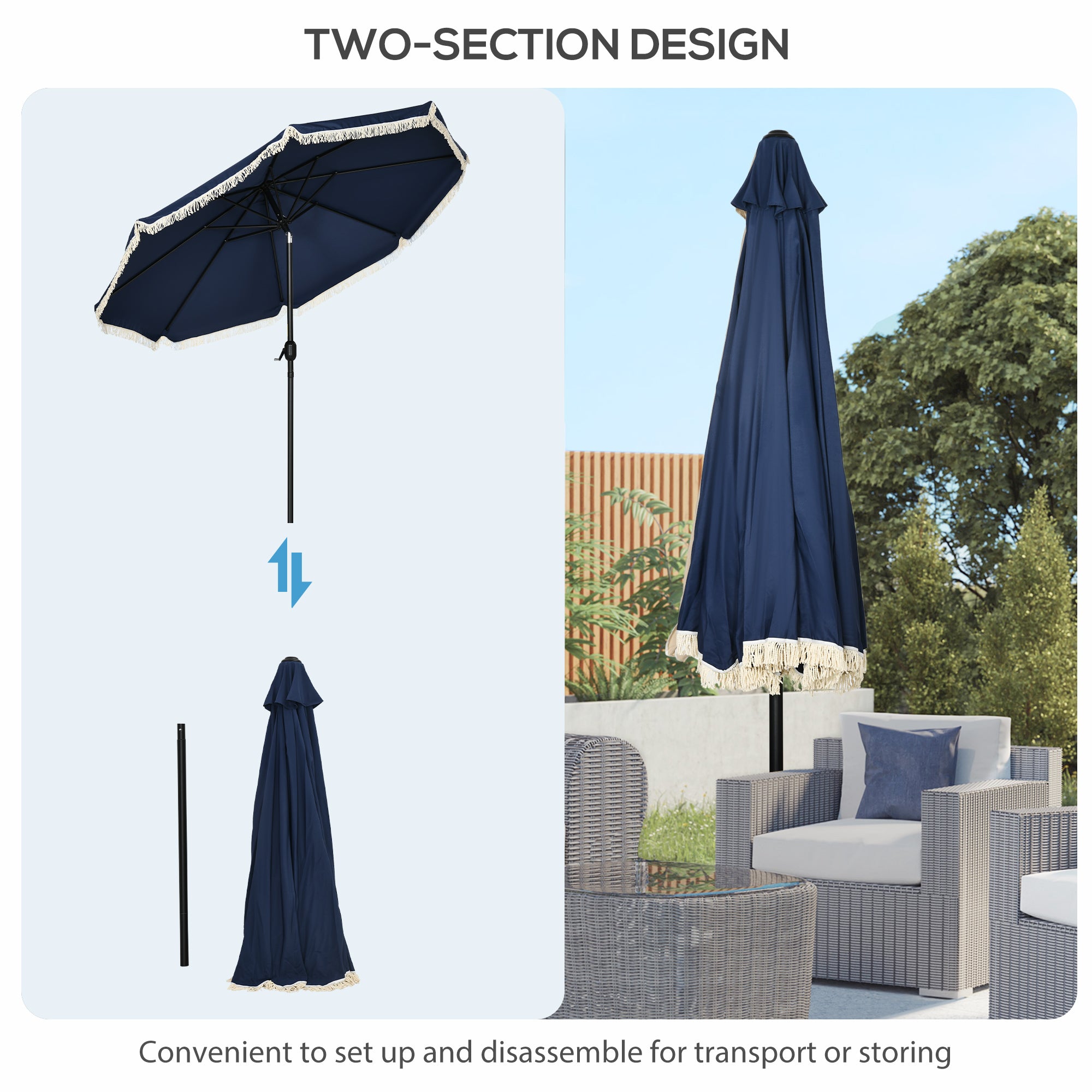 9 push-up patio umbrella Outsunny Patio Umbrella: 9ft, Dark Blue with Tilt Crank and Ruffled Design for Pool and Garden Sun Protection