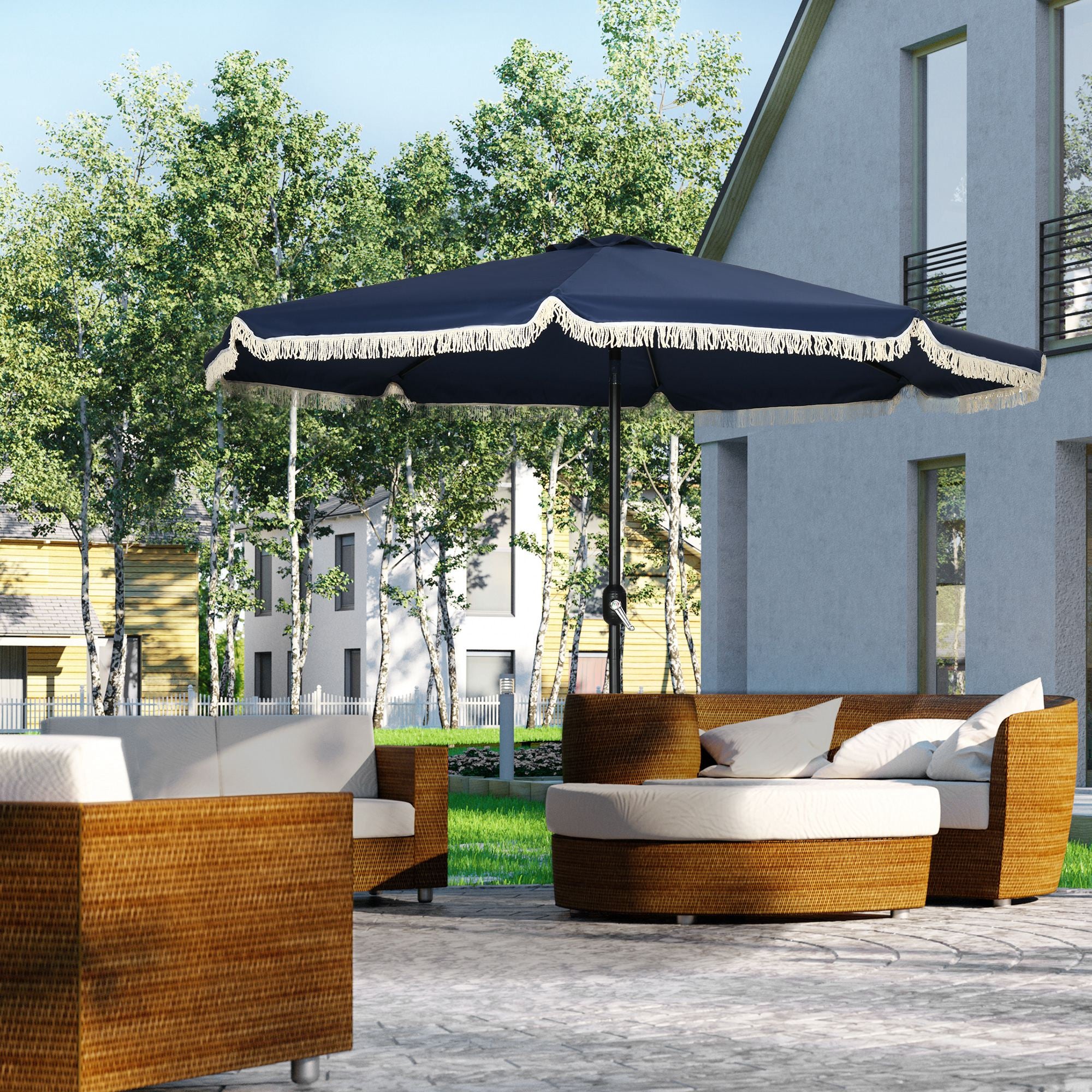 9 patio umbrella base Outsunny Patio Umbrella: 9ft, Dark Blue with Tilt Crank and Ruffled Design for Pool and Garden Sun Protection