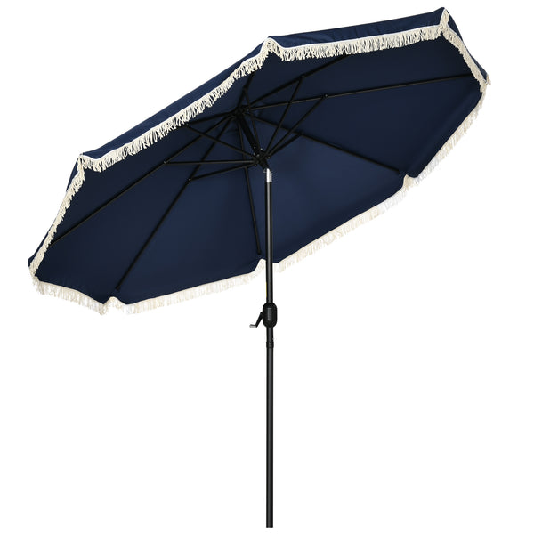 Outsunny 9ft Patio Umbrella with Push Button Tilt and Crank, Ruffled Outdoor Market Table Umbrella with Tassles and 8 Ribs, for Garden, Deck, Pool, Dark Blue