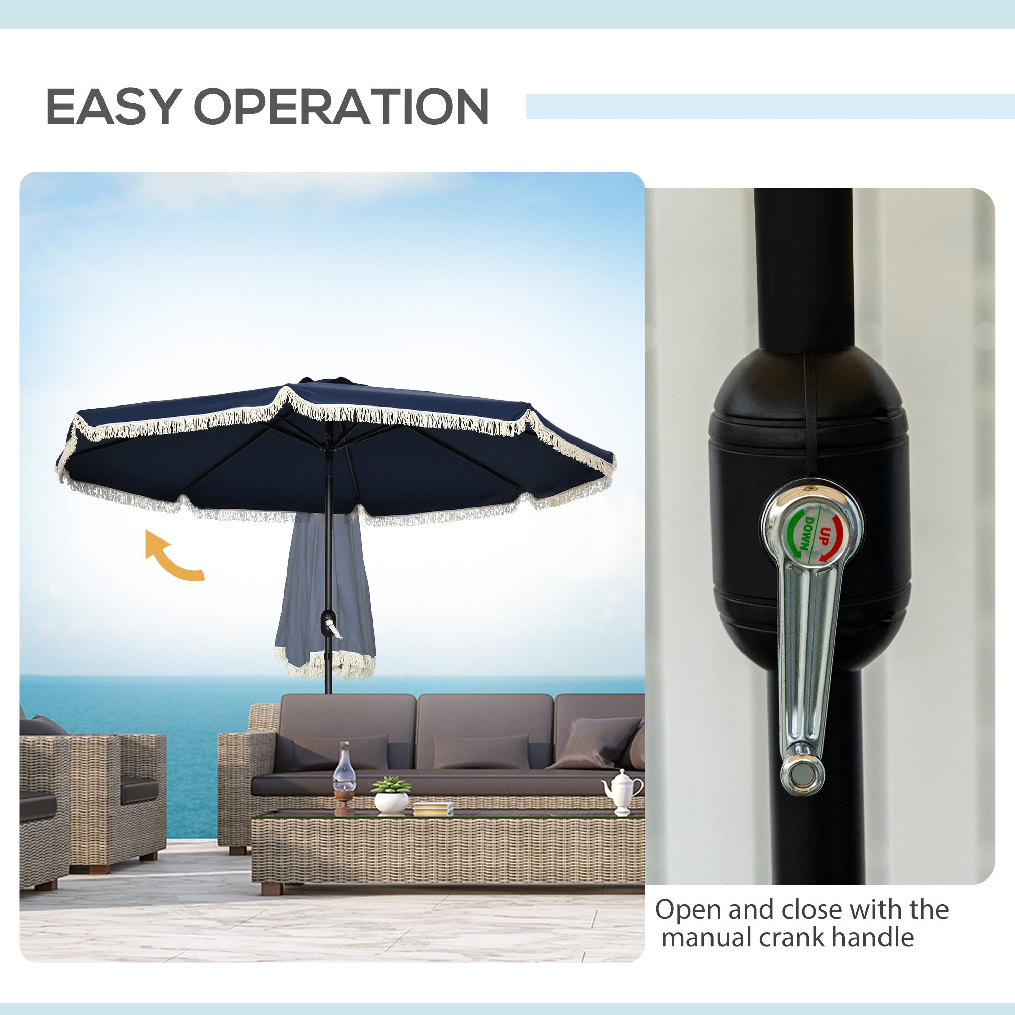 crank up patio table umbrella Outsunny Patio Umbrella: 9ft, Dark Blue with Tilt Crank and Ruffled Design for Pool and Garden Sun Protection
