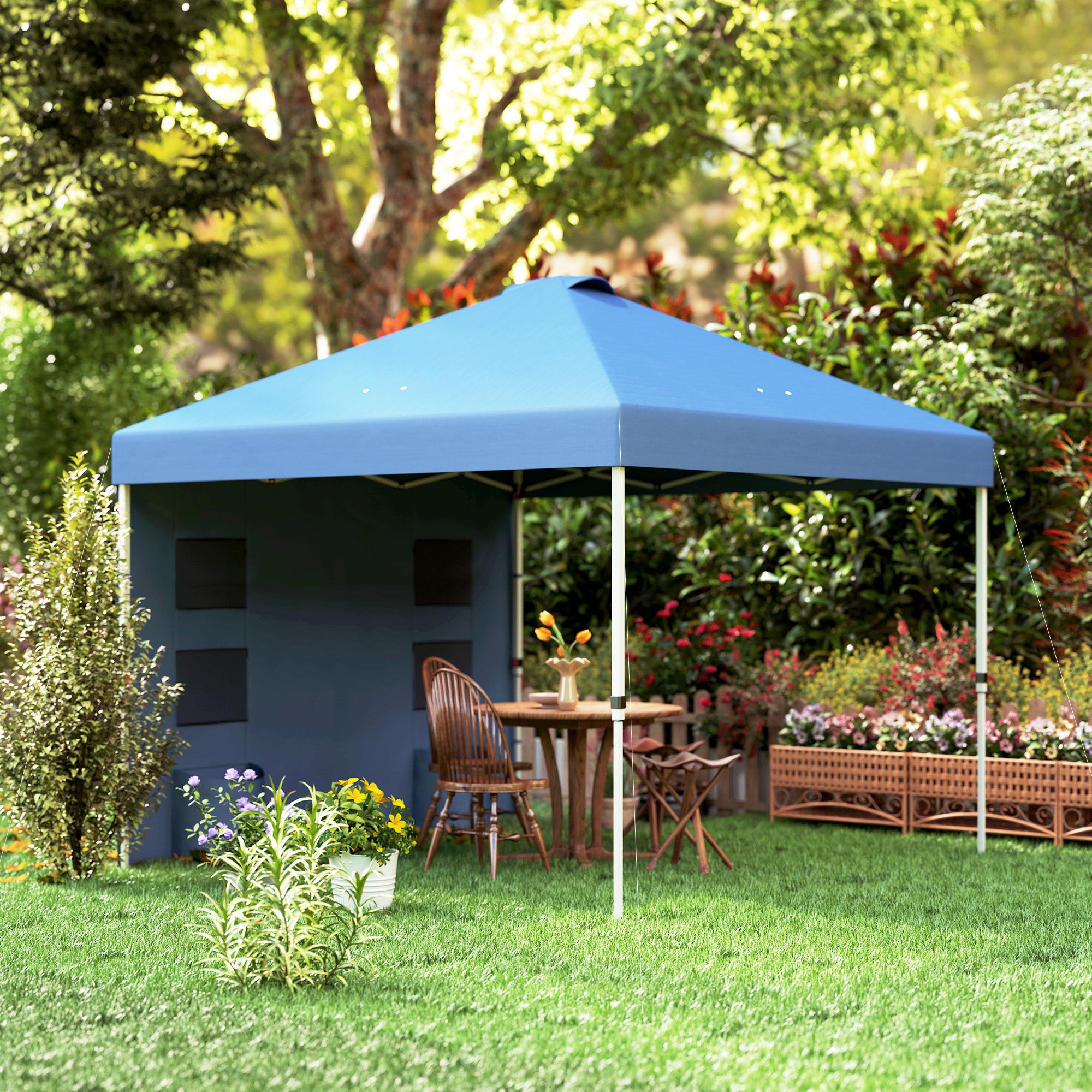 outdoor tent for patio Outsunny 10' x 10' Pop Up Canopy Tent w/ Sidewall, Height Adjustable Instant Sun Shelter w/ Storage Pockets, Dark Blue