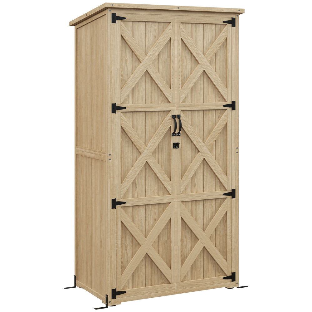 Outsunny Wooden Garden Shed, Outdoor Storage Cabinet with Waterproof Asphalt Roof, Narrow Tool Shed with Shelves and Lockable Doors, Natural