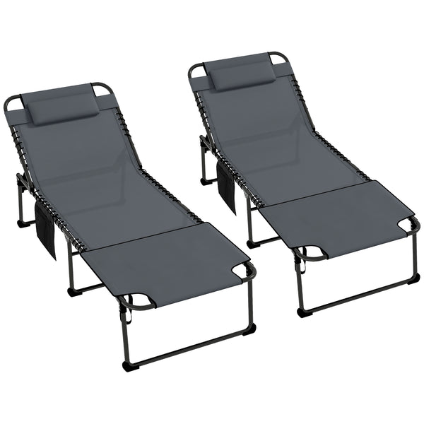 2 Piece Folding Chaise Lounge with 5-level Reclining Back, Tanning Chair with Face Hole, Outdoor Lounge Chair with Side Pocket & Headrest for Beach, Yard, Patio, Gray