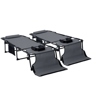 2 Piece Folding Chaise Lounge with 5-level Reclining Back, Tanning Chair with Face Hole, Outdoor Lounge Chair with Side Pocket & Headrest for Beach, Yard, Patio, Gray