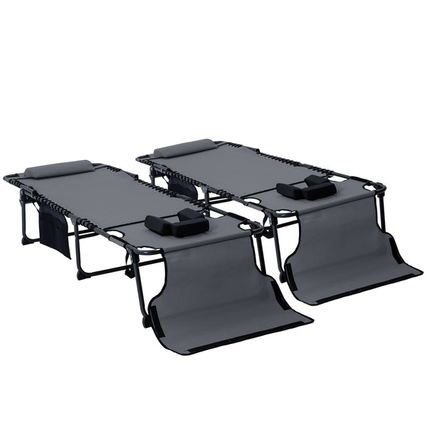 2 Piece Folding Chaise Lounge with 5-level Reclining Back, Tanning Chair with Face Hole, Outdoor Lounge Chair with Side Pocket & Headrest for Beach, Yard, Patio, Gray