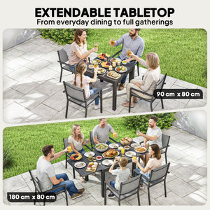 7 Pieces Outdoor Dining Set, Aluminum Patio Table and Chairs Set for 6 with Extendable Slatted Tabletop and Stackable Chairs, All-Weather Patio Dining Table and Chairs