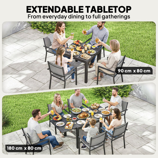 7 Pieces Outdoor Dining Set, Aluminum Patio Table and Chairs Set for 6 with Extendable Slatted Tabletop and Stackable Chairs, All-Weather Patio Dining Table and Chairs