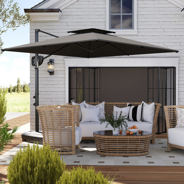 8' x 9' Square Cantilever Patio Umbrella with Fillable Base, Double Top Patio Hanging Offset Umbrella, Outdoor Cantilever Parasol with Crank & Tilt, Dark Grey