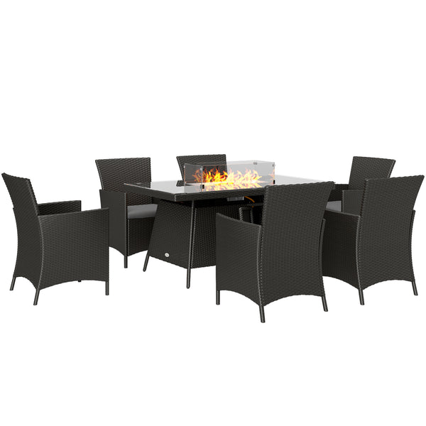 7 Pieces Outdoor Rattan Garden Furniture with Fire Pit Table, 6 Seater Garden Table and Chairs with Cushions, Rattan Dining Set with Propane Heater Table, Windscreen, 50,000 BTU, Black