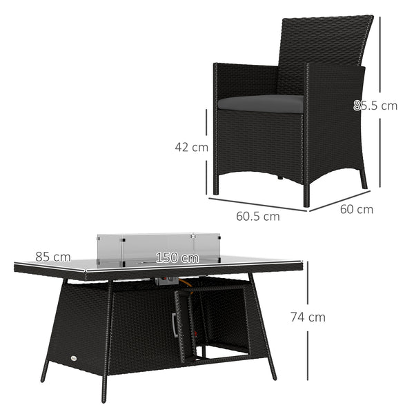 7 Pieces Outdoor Rattan Garden Furniture with Fire Pit Table, 6 Seater Garden Table and Chairs with Cushions, Rattan Dining Set with Propane Heater Table, Windscreen, 50,000 BTU, Black
