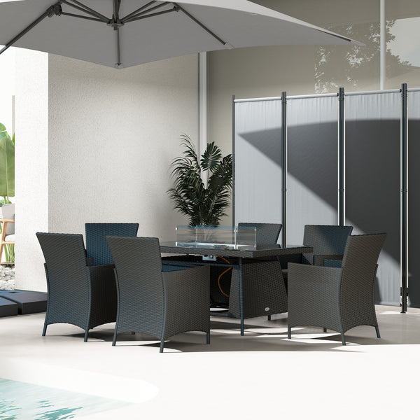 7 Pieces Outdoor Rattan Garden Furniture with Fire Pit Table, 6 Seater Garden Table and Chairs with Cushions, Rattan Dining Set with Propane Heater Table, Windscreen, 50,000 BTU, Black