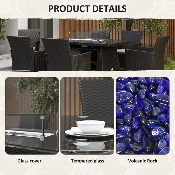 7 Pieces Outdoor Rattan Garden Furniture with Fire Pit Table, 6 Seater Garden Table and Chairs with Cushions, Rattan Dining Set with Propane Heater Table, Windscreen, 50,000 BTU, Black