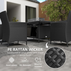 7 Pieces Outdoor Rattan Garden Furniture with Fire Pit Table, 6 Seater Garden Table and Chairs with Cushions, Rattan Dining Set with Propane Heater Table, Windscreen, 50,000 BTU, Black