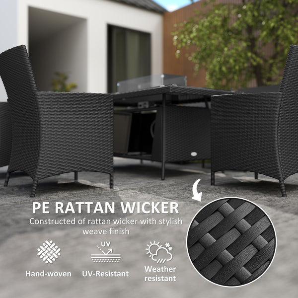 7 Pieces Outdoor Rattan Garden Furniture with Fire Pit Table, 6 Seater Garden Table and Chairs with Cushions, Rattan Dining Set with Propane Heater Table, Windscreen, 50,000 BTU, Black
