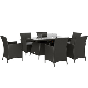 7 Pieces Outdoor Rattan Garden Furniture with Fire Pit Table, 6 Seater Garden Table and Chairs with Cushions, Rattan Dining Set with Propane Heater Table, Windscreen, 50,000 BTU, Black