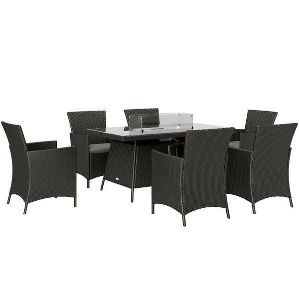 7 Pieces Outdoor Rattan Garden Furniture with Fire Pit Table, 6 Seater Garden Table and Chairs with Cushions, Rattan Dining Set with Propane Heater Table, Windscreen, 50,000 BTU, Black