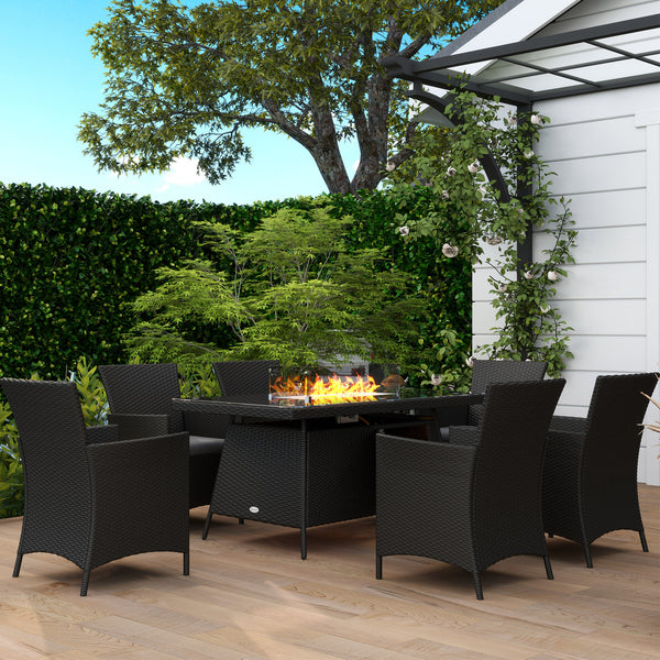 7 Pieces Outdoor Rattan Garden Furniture with Fire Pit Table, 6 Seater Garden Table and Chairs with Cushions, Rattan Dining Set with Propane Heater Table, Windscreen, 50,000 BTU, Black